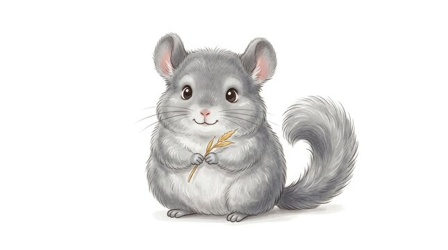 Cute gray chinchilla holding wheat on white background