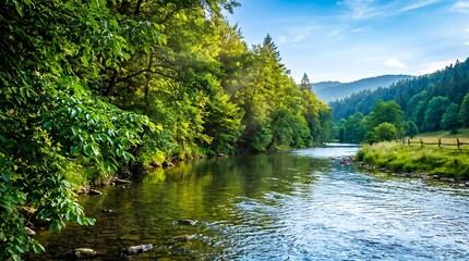 Obraz premium Scenic peaceful river flowing through a lush green forest landscape