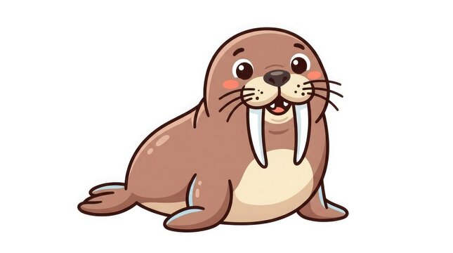Cute cartoon walrus sitting on white background with big eyes and tusks