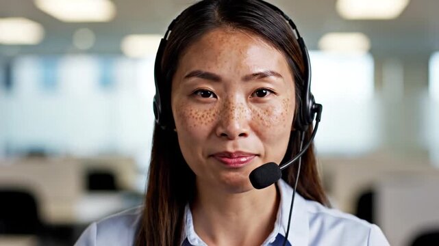 Smiling Asian customer service representative with freckles wearing headset in modern office