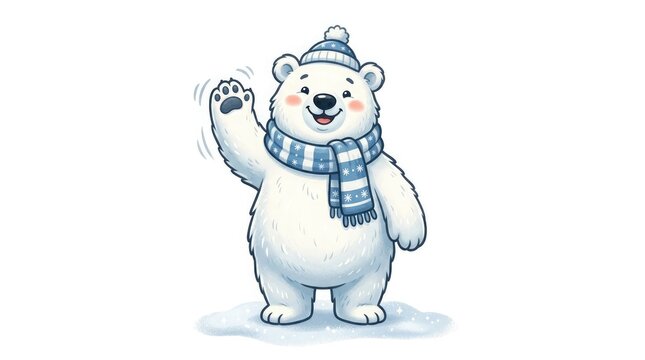 A cheerful polar bear wearing a hat and scarf on white background