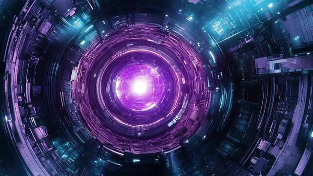 Futuristic circular reactor core glowing inside advanced sci fi machine tunnel energy portal design digital technology power source industrial engineering and cinematic abstract science background