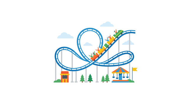 Colorful Roller Coaster with Passengers in Amusement Park Illustration