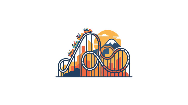 Colorful Roller Coaster with Mountain and Sunset Background Illustration