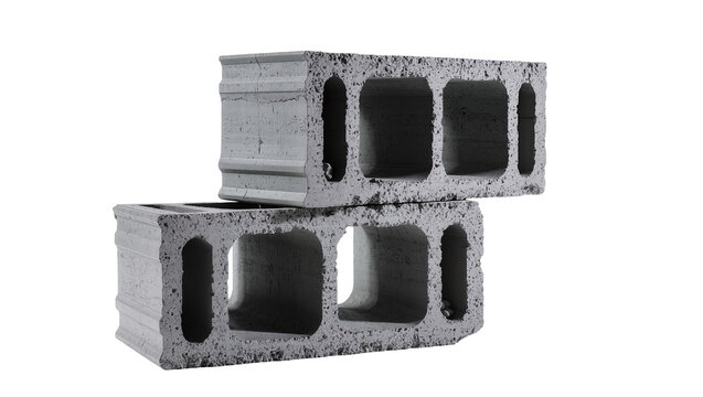Isolated stacked concrete blocks construction materials with rough texture and holes