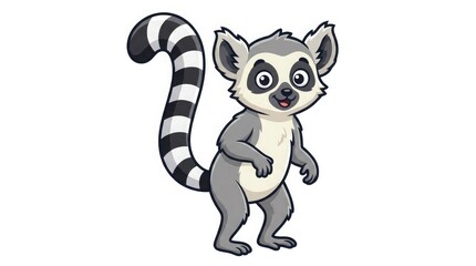 Fototapeta premium A cartoon lemur with a long striped tail and big eyes on white background