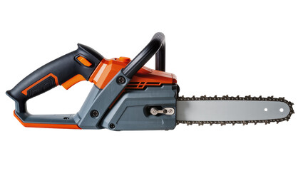 Fototapeta premium Isolated modern electric chainsaw in orange and grey, a professional and powerful wood cutting tool