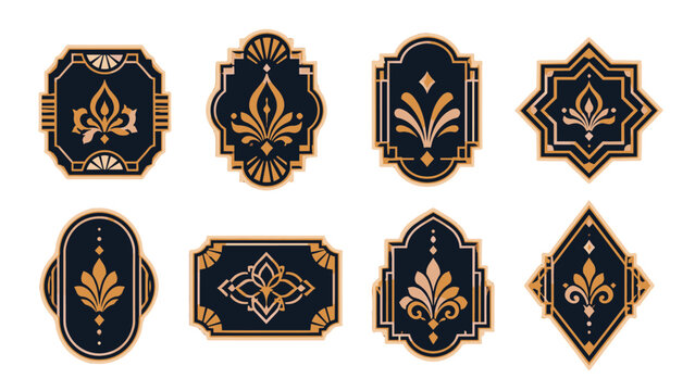 Set of decorative geometric ornamental labels in dark blue and gold