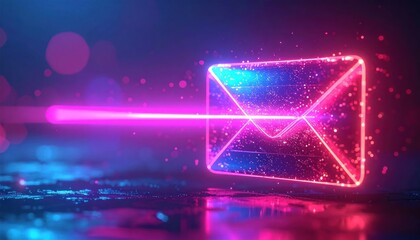 Naklejka premium Glowing Neon Envelope Sending Digital Message Through Cyber Space.