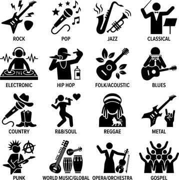 Set of music genres including rock, pop, jazz, classical, electronic, hip hop, folk acoustic, blues, country, r and b soul, reggae, metal, 