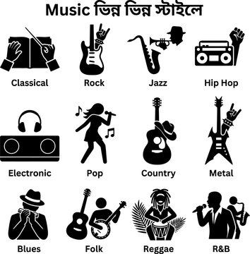 Music in different styles bangla text with icons of classical, rock, jazz, hip hop, electronic, pop, country, metal, blues, folk, reggae, and r and b genre stick figure pictogram.
