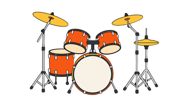 Orange drum set with cymbals isolated on white background