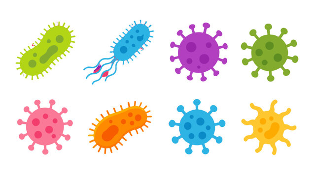 Colorful cartoon bacteria and virus icon set on white