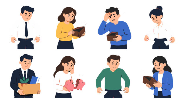 Set of worried people with empty wallets and broken savings