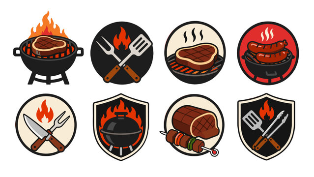 Set of barbecue grill badges with steak sausage and tools