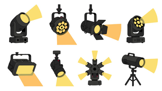 Set of stage lighting fixtures with yellow beams in vector style