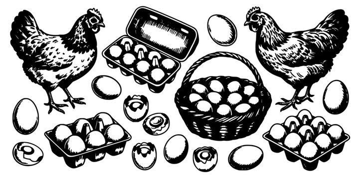 Chicken Eggshell Pattern with Cartoon Chickens, Empty Baskets and Carton of Eggs, Black and White Vintage Farm Illustration