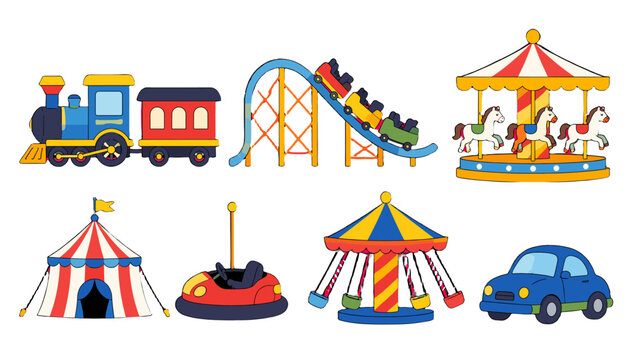 Colorful amusement park ride icons and toy vehicle set