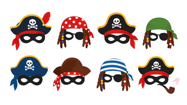 Set of pirate hats masks and bandanas in cartoon vector style