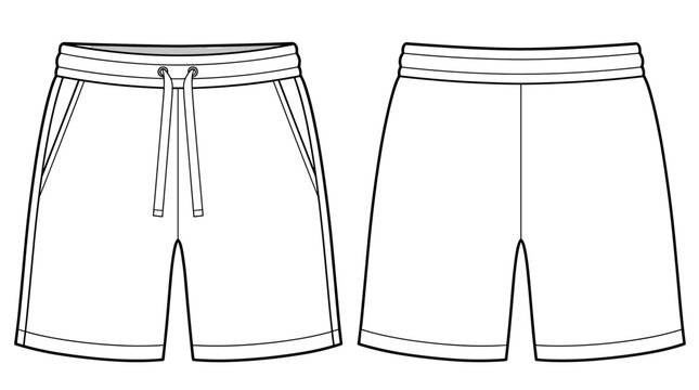 unisex drawstring sweat shorts flat sketch technical cad drawing vector template