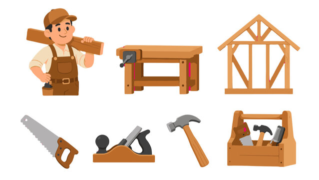 Carpentry tools and wooden construction vector set