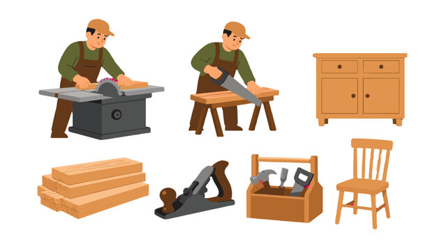 Carpentry tools and wooden furniture making vector set