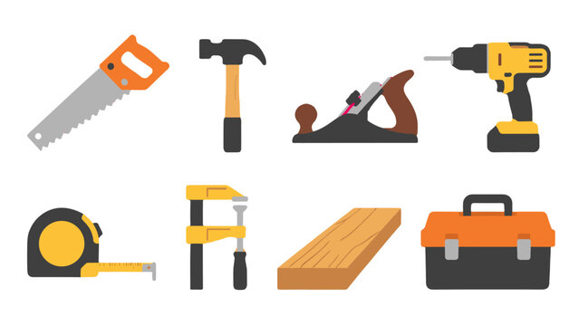 Set of carpentry and woodworking tools in flat vector style