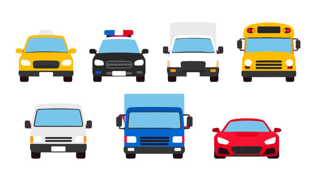 Front view vector set of cars, vans, truck, police and school bus