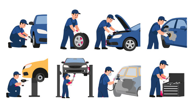 Auto mechanic performing car repair and maintenance tasks set