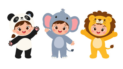 Cute children in panda elephant and lion costumes illustration © Alan