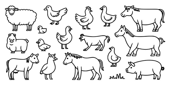 Goat Cartoon Character Set with Various Farm Animals Line Drawings on a White Background, Cute Nursery Style