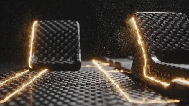 Carbon fiber surface with glowing energy lines. Motion blur light trail flowing across textured composite material. Abstract technology background for engineering