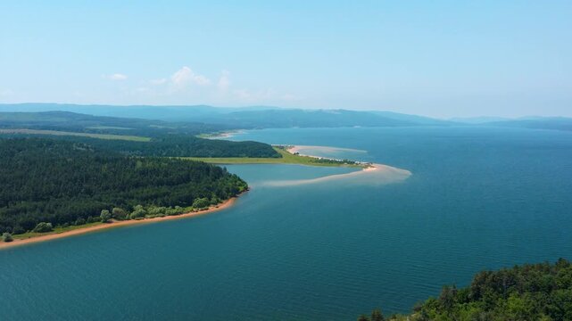 Shiroka Polyana reservoir coast line dense pine forest green trees blue water surface clear sky bright summer day travel destinations aerial view Bulgaria