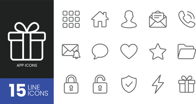 Set of 15 thin line app icons for mobile and web interface design