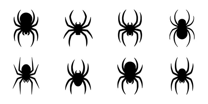 Spiders in Various Poses and Orientations, Black Silhouettes on White Background, Eight-Legged Creatures