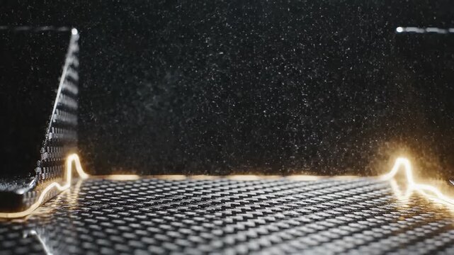 Carbon fiber surface with glowing light edge catching airborne dust particles. Abstract industrial background showing material texture and microscopic debris in air