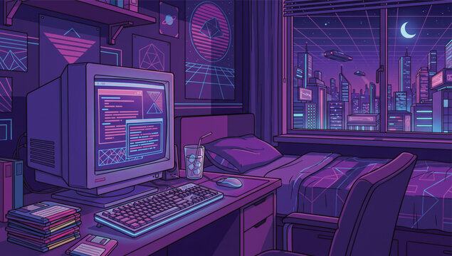 Retro computer monitor with abstract colorful gradient and geometric shapes on screen Retro Tech & Vaporwave Nostalgia.