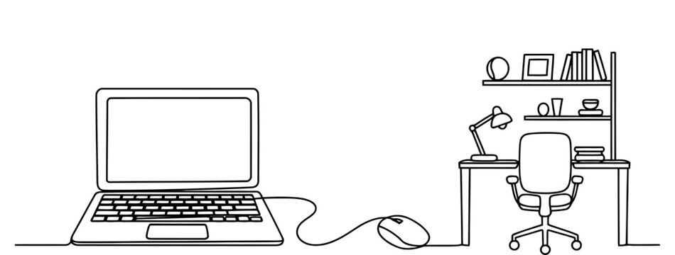A minimalist black and white line drawing showing a workspace setup. On the left side, a laptop computer with a blank screen