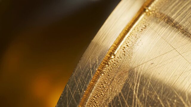 Liquid condensation forming on brushed metal surface. Extreme close up of water beads on gold textured material. Industrial cooling process or temperature change