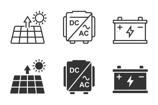 Renewable energy icon set: solar panels, dc to ac converter, battery storage graphics.