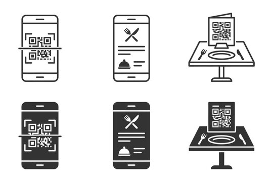 Qr code digital menu icons on smartphones and restaurant tables.
