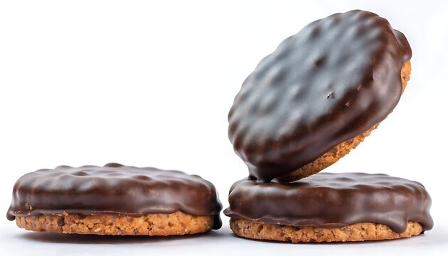 Chocolate coated biscuit cookies isolated on white background, perfect for confectionery packaging and branding visuals.