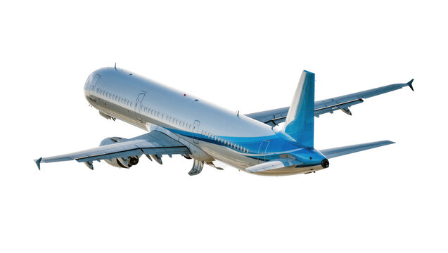 Isolated modern passenger airplane in flight with landing gear extended, blue and white design