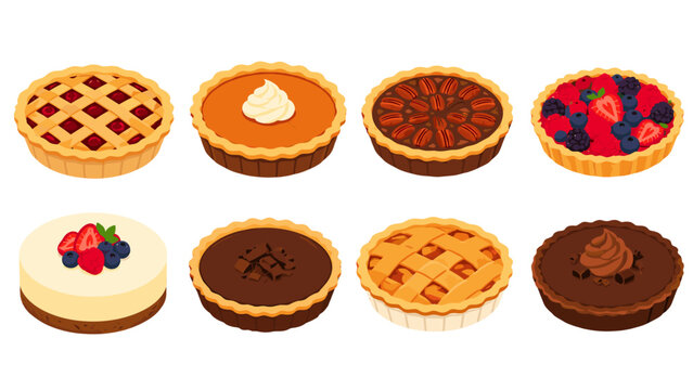 Assorted dessert pies and cakes in colorful vector style