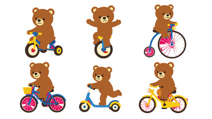 Cute teddy bears riding bicycle, tricycle, scooter and unicycle © Alan