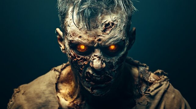 Horror and fantasy concept of scary undead zombie showing glowing eyes and rotten teeth growling in dark background, ideal for halloween events