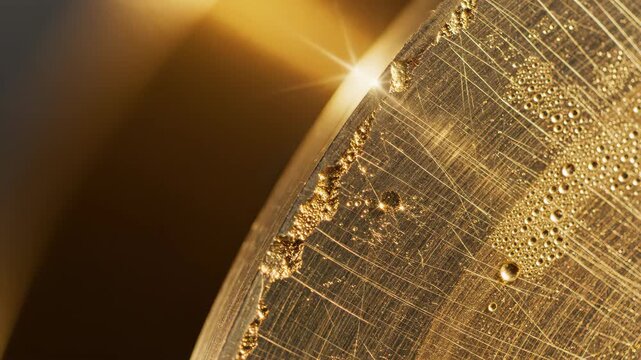 Light reflection across a textured gold metallic surface. Macro view of a polished metal edge with condensation droplets. Industrial material texture and detail