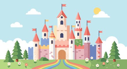 Obraz premium Fairy tale castle illustration with colorful towers flags a rainbow path green trees and flowers under a sunny sky.