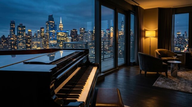 Luxury Penthouse Living Room with Grand Piano and City Skyline View.