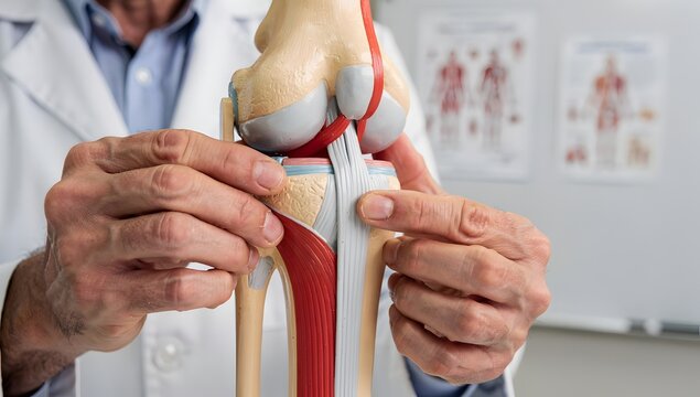 Medical teaching scene with orthopedist pointing to the cruciate ligament inside a knee model